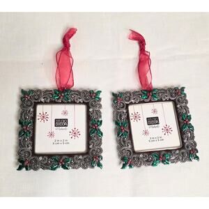 Pair of Metal Square Christmas Wreath Ornaments 2"x2" picture Silver Red Green